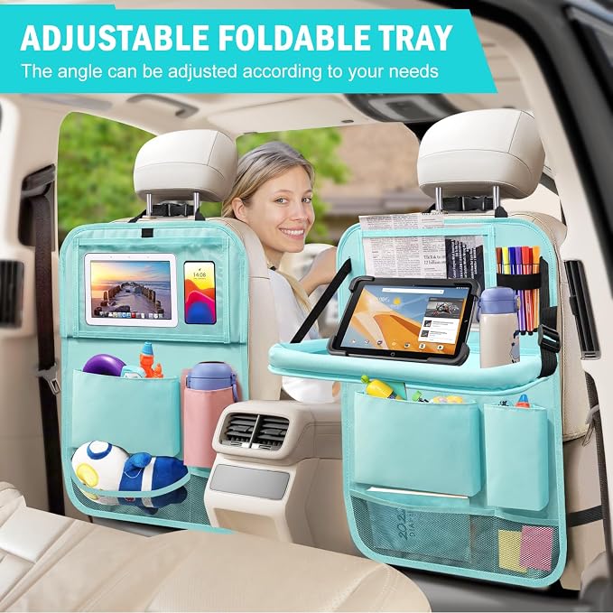 2Pack Car Backseat Organizer with Foldable Table Tray,6 Storage Pockets Car Storage Organizer with Tablet Holder,Car Seat Back Protectors Kick Mats Travel Accessories Blue - Image 8