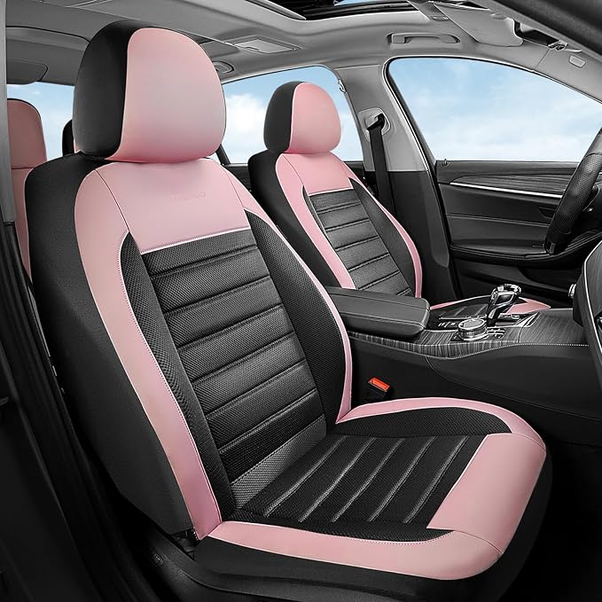 Coverado Car Seat Covers Full Set, Luxury Leather Car Seat Covers, Automotive Front and Rear Mesh Seat Covers, Full Set 5 Seats, Pink Black Seat Covers for SUV Sedan Truck - Image 2