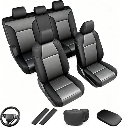AOMSAZTO Car Seat Covers for Toyota RAV4 2019-2025 Hybrid,Not for SE&XSE | Custom Fit 5-Piece Set Includes Neck Pillows,Armrest Cover,Steering Wheel Cover and Seat Belt Covers-Faux Leather Black&Gray by AOMSAZTO