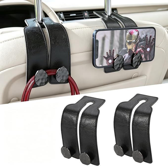 2PCS Leather Car Seat Hooks for Headrest, Vehicle Hanger Storage Organizer Universal for Handbag Purse, Car Accessories Gift (Black-Black) by Fashion