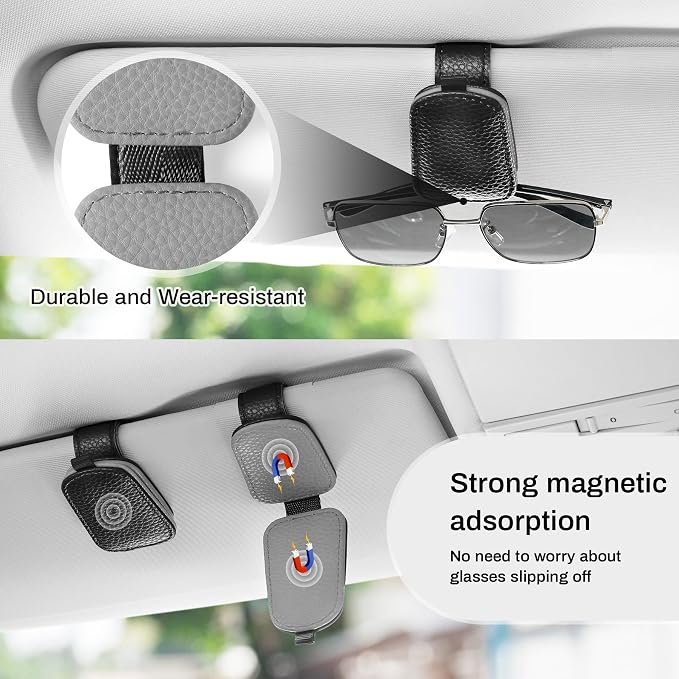 SINGARO Sunglasses Holder for Car, Leather Magnetic Buckle Sun Visor Sunglass Clip, Ticket Card Storage Glasses Clip, Car Interior Accessories for Men and Women（Black-Gray） - Image 7