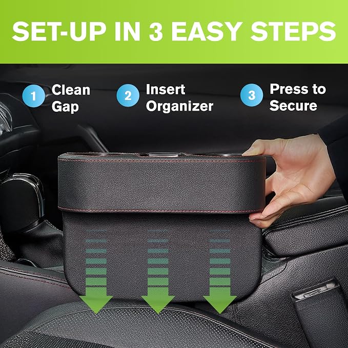 IOKONE Car Cup Holder, PU Leather, Car Seat Gap Filler Organizer, Black | Console Side Pocket, Front Seat Organizer, Drink Holder for Car, Universal Fit, Easy Installation, Cell Mobile Phone Holder - Image 6