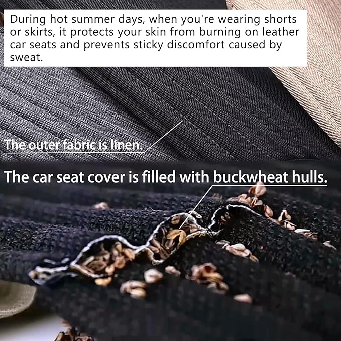 Linen Front Car Seat Cover,Seat Protector,Buckwheat Hull Cooling Cloth | Bottom Seat Cover With Backrest 1 Pack Breathable Ventilated Front Seat Only,Black - Image 3