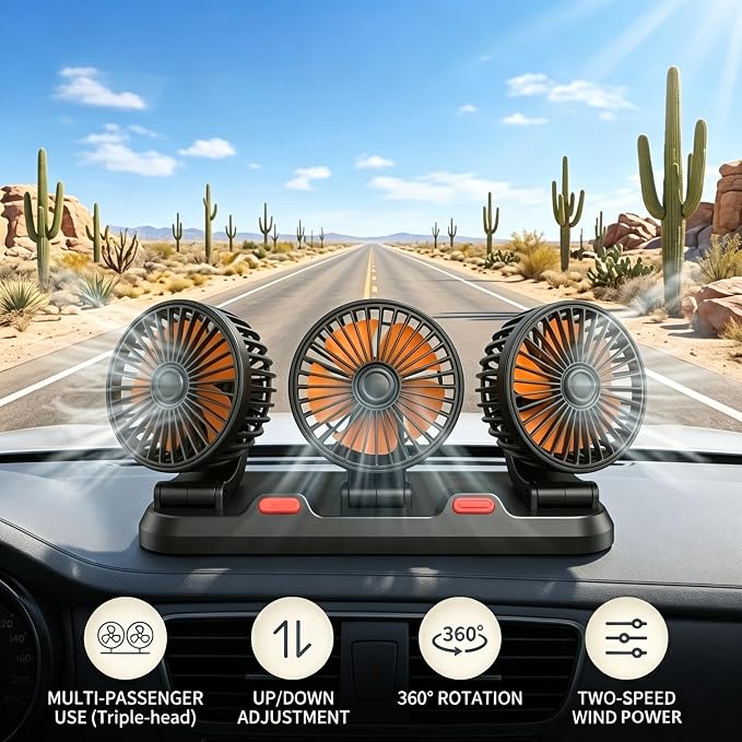 Triple Head 24V Car Fan for SUV Truck Car RV with No AC,Adjustable Car Cool Fan, Triple Head Design, 2-speed Adjustable, 360° Rotating Portable Car Fan,Powered by Cigarette Lighter - Image 5