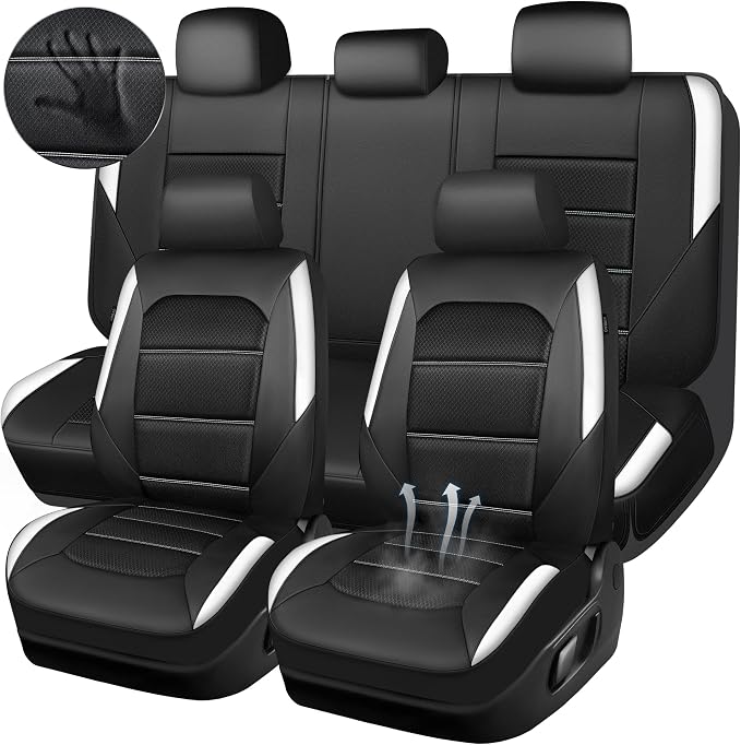 CAR PASS Memory 3D Foam Car Seat Covers Full Set, Breathable Mesh Thick Seat Covers for Cars,White Leather Seat Covers,Airbag Compatible Universal Automotive Comfort for SUVs Trucks SUV, Black White by CARPASS