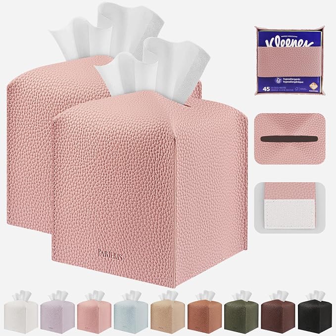 Tissue Box Cover Holder Square Tissue Cube Cover PU Leather Tissue Organizer with Bottom Belt for Bathroom, Tabletop, Car, Night Stands, Office, Home, Kitchen (2, PrettyPink) by DecorateYourHome