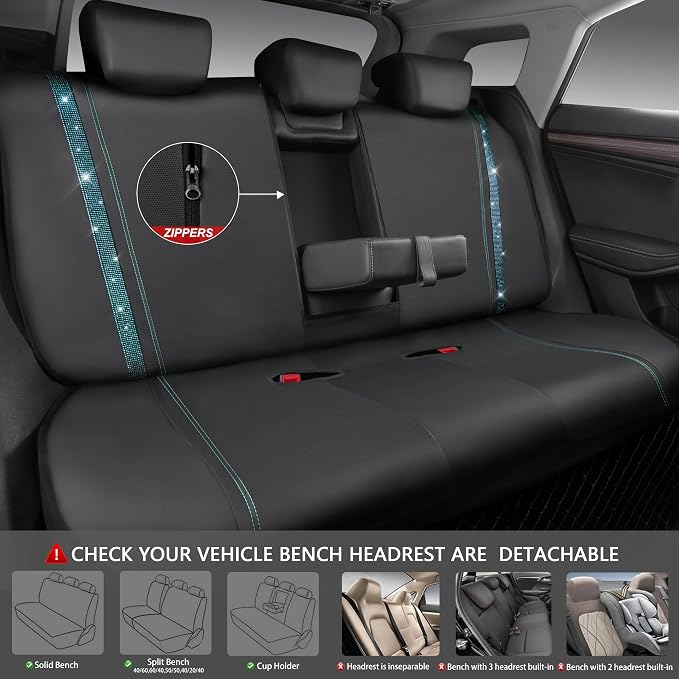 CAR PASS Bling Car Seat Covers Full Set, Shining Rhinestone Diamond Waterproof Faux Leather Universal Fit 95% Automotive Glitter Crystal Sparkle Strips for Cute Women Girl, Full Set (Mint Diamond) - Image 4
