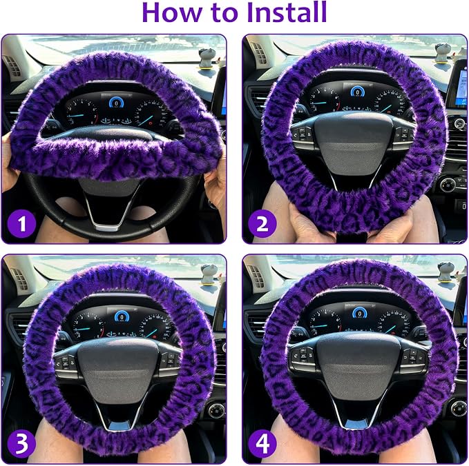 Accmor Fuzzy Car Steering Wheel Cover, Universal Fit Fur Car Wheel Cover & Handbrake Cover & Gear Shift Cover Set, Fluffy Fashion Leopard Print Auto Steering Wheel Protector for Women Girls(Purple) - Image 6