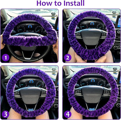 Accmor Fuzzy Car Steering Wheel Cover, Universal Fit Fur Car Wheel Cover & Handbrake Cover & Gear Shift Cover Set, Fluffy Fashion Leopard Print Auto Steering Wheel Protector for Women Girls(Purple) - Image 6