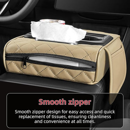 5 in 1 Nappa Leather Console Armrest Cover, Beige | Built-in cup holder, tissue slot, phone holder & 2 storage pockets, practical car accessories fit SUV sedan truck - Image 5