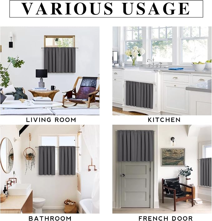 RYB HOME Short Blackout Curtains for Bedroom, Room Darkening, Rod Pocket | Thermal Insulated, Summer Heat Light UV Blocking, Triple-weave Fabric, Nursery Kitchen Bathroom, W42 x L48, Grey, 2 Panels - Image 6