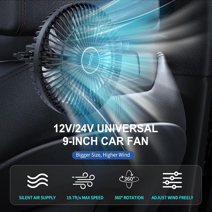 XOOL Clip Car Fan, 9 Inches 12V/24V Fan, 360° Rotatable Electric Cooling Clip on Fan with Stepless Speed Regulation for SUV, RV, Truck - Image 3