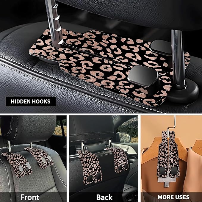 Car Seat Headrest Hook, Universal Leather Cute Hanger Holder Hook, Storage Organizer Interior Accessories for Purse Bags Handbag Glitter Black Leopard - Image 3