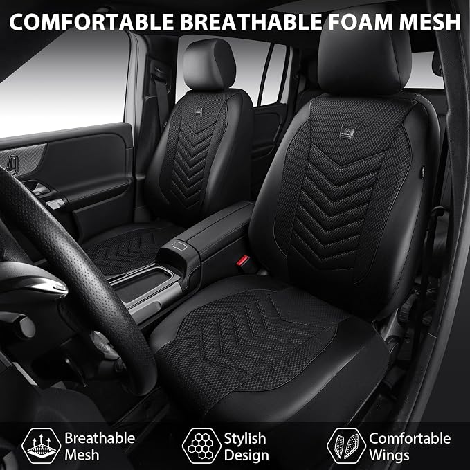 CAR PASS 3D Foam Mesh Leather Seat Covers Front Seats, Breathable Two Front Seat Cover for Cars, Comfortable Universal Fit for SUV Truck Sedan Automotive Anti-Slip Airbag Compatible, All Black - Image 7