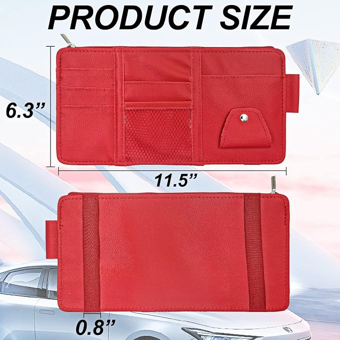Keedolla Car Sun Visor Organizer with Multi-Pocket Net Zipper, Truck Visor Organizer Storage Pouch Holder for Cards, Pens, Sunglasses, CD Holder - Red - Image 3