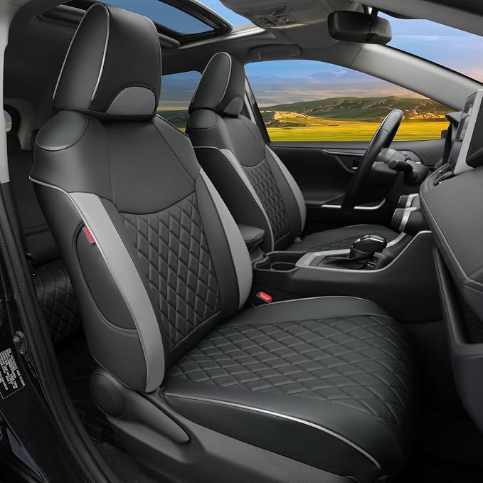 Lolcar Rav4 Seat Covers Custom Fit for Toyota Rav4 (for Hybrid) 2019-2025 LE,XLE,XLE Premium,Limited,Woodland Edition, Leather Truck Seat Cover Full Set for SUV,Faux Leather (Black Gray Grid) by LOLCAR