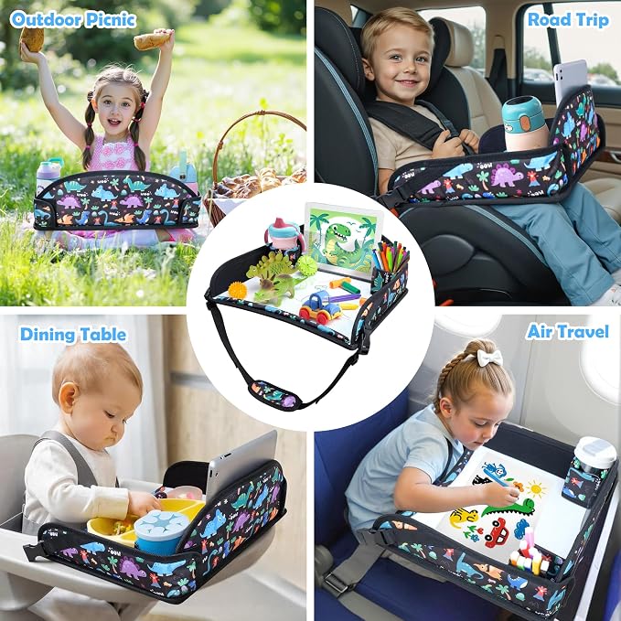 Kids Travel Tray for Carseat for Road Trip Activities, Dinosaur | Carseat Tray With 16.7" x 13.4" Smooth Dry Erase Board, Cup holders, Ddjustable Strap & Shoulder Carry Strap - Image 6