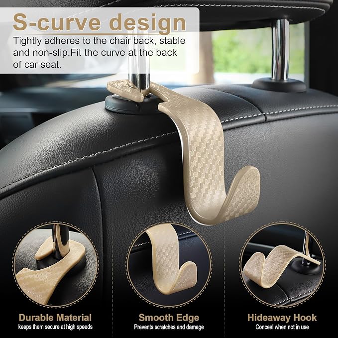 LivTee Car Purse Hook, Headrest Hook for Car, 4 Pack Universal Auto Car Seat Headrest Hook Hangers Organizer for Purse Coat Umbrellas Grocery Bags Handbag, Car Accessories - Carbon Fiber Beige - Image 2