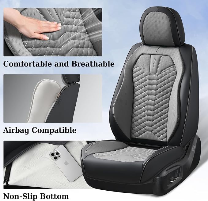 Coverado Leather Seat Covers, Car Seat Covers Full Set, Nappa Leather Seat Covers for Cars, Car Seat Protectors Waterproof, 5 Seats Black&Gray Automotive Seat Covers Fit for Most Cars Trucks - Image 4