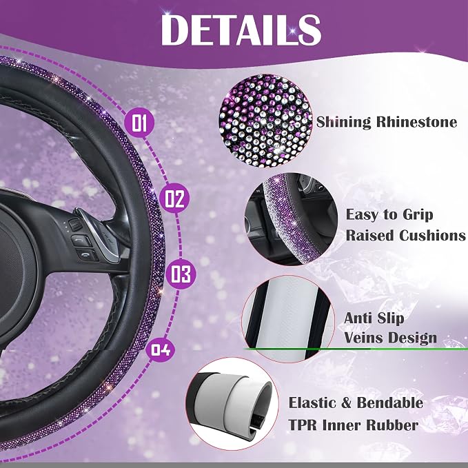 CAR PASS Bling Diamond Leather Steering Wheel Cover, Bling Sparkly Crystal Glitter Rhinestones Universal Fit 14" 1/2-15" Car Wheel Protector for Women Girl Fit Suvs,Vans,Sedans,Trucks, Purple Silver - Image 5
