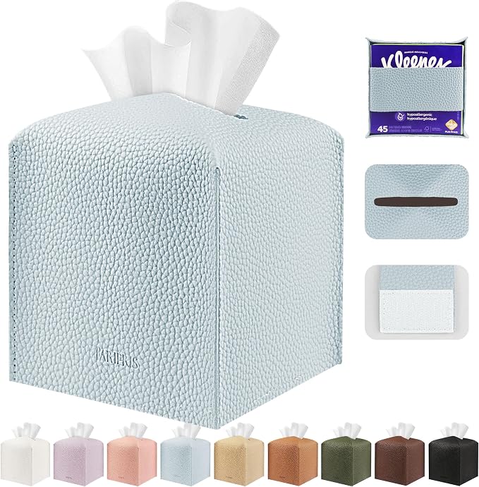Tissue Box Cover Holder Square Tissue Cube Cover PU Leather Tissue Organizer with Bottom Belt for Bathroom, Tabletop, Car, Night Stands, Office, Home, Kitchen (1, Blue) by DecorateYourHome