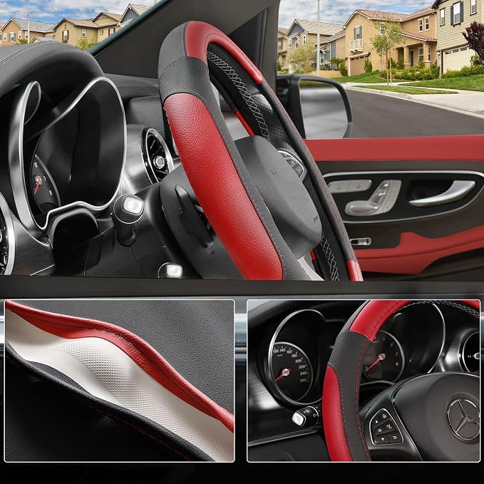SEG Direct Steering Wheel Cover 14.5-15 inch Car Auto Interior Accessories | Universal Medium Standard Size 37-39cm for Car Truck SUV, Microfiber Leather, Anti-Slip Comfortable Grip, Black and Red - Image 3