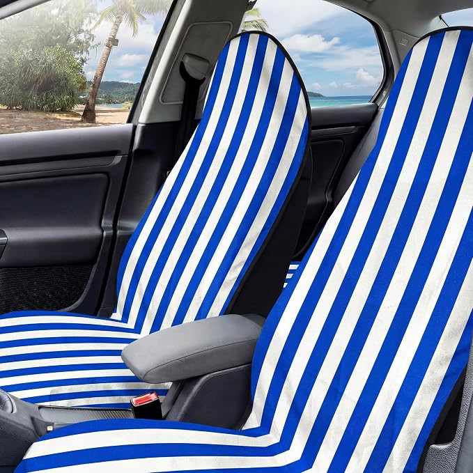 2 Pack Car Seat Towel Covers for Gym, Front Seats, Blue White | Stripes Sweat Protector for Front Seats Premium Thickened with Elastic Strap Breathable & Quick Dry Machine Washable Running - Image 5