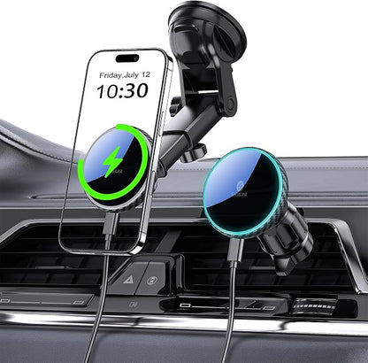 for Mag-Safe Car Mount Charger Dash Windshield Vent Magnetic Phone Holder | Wireless Car Charger with LED Light Car Phone Holder for iPhone 17 16 15 14 13 12 Series for MagSafe Carbon Firber by MOKPR