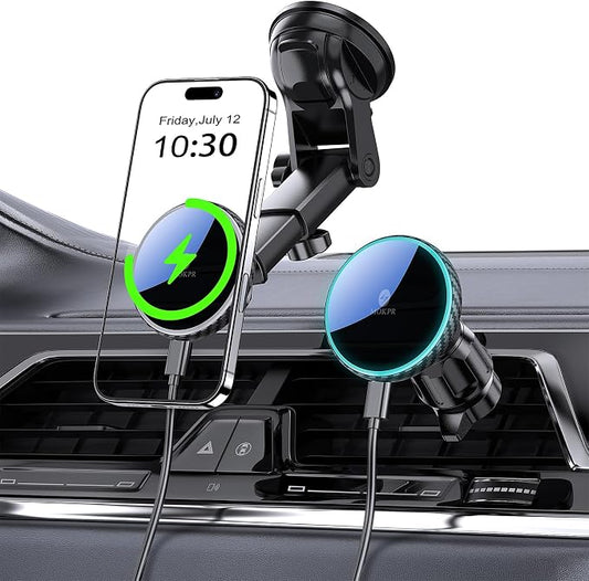 for Mag-Safe Car Mount Charger Dash Windshield Vent Magnetic Phone Holder | Wireless Car Charger with LED Light Car Phone Holder for iPhone 17 16 15 14 13 12 Series for MagSafe Carbon Firber by MOKPR