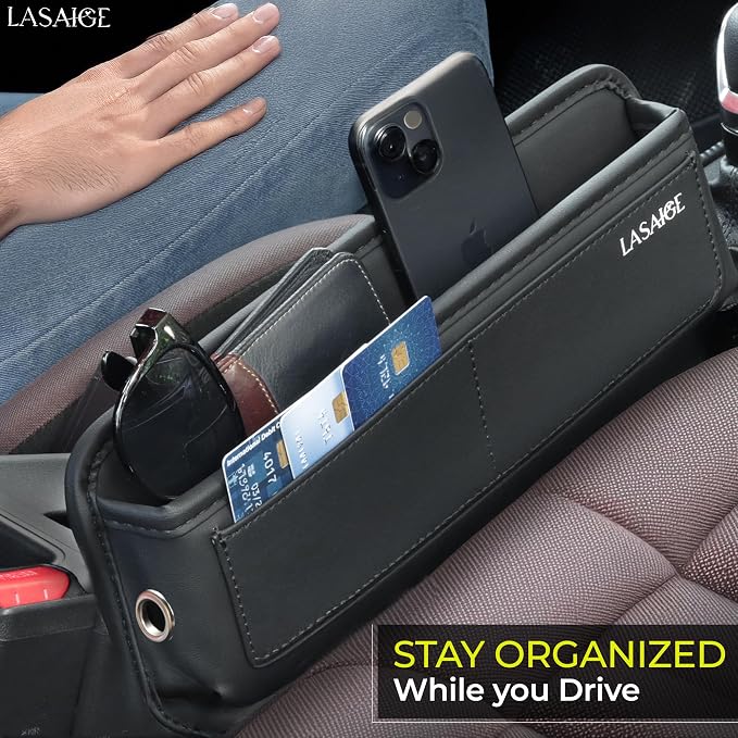 Car Seat Gap Filler Organizer (Black) -Soft PU Leather Car Seat Gap Filler Organizer - Gap Filler For Car w/ Pockets & Large Compartment - Slip-Resistant Between Seat and Center Console - Image 6