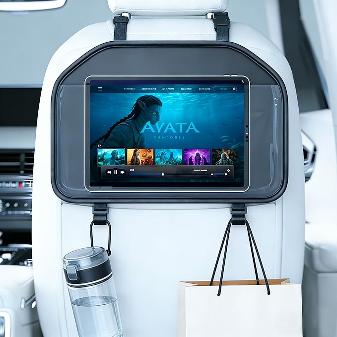 Backseat Car Headrest Tablet Holder 7-11 Inch | Durable PU Leather, Adjustable Mount, Transparent Touch Screen Pocket, Storage Hooks by Unknown