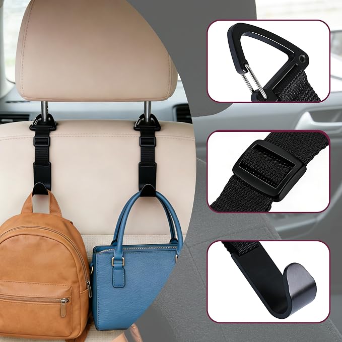 4-Pack Universal Car Headrest Hooks Anti-drop Seat Back Organizer for Bags | Adjustable Nylon Straps, Heavy-Duty Holds 40 lbs, Thickened ABS, Hanger for Handbag Backpack Groceries Water Bottle, Black - Image 7