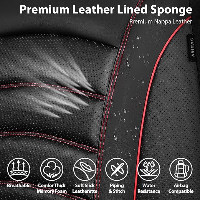 CAR PASS 3D Foam PU Leather Car Seat Covers, Universal Seat Covers Front 2 for Trucks SUV Sedan Automotive Seat Covers Armrest Airbag Compatible Waterproof Comfortable Faux Nappa Leather Black Red - Image 5