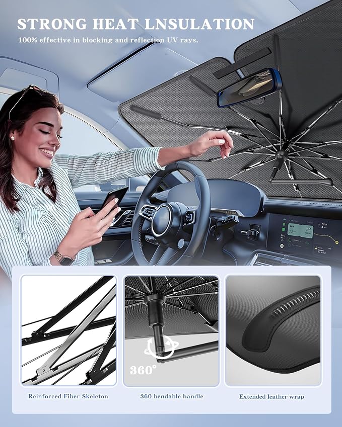 [Upgrade] Portable for Mazda 3 2019-2025 Accessories Hatchback/Sedan Windshield Sunshade[Military-Grade Sturdy] with Carry Bag, 2 in1 Ice Crystal Durable Compact Shade Umbrella UPF50+ Outdoor Camping - Image 5