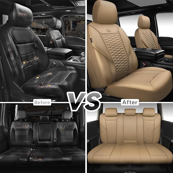 CAR PASS 3D Foam Mesh Leather Car Seat Covers Full Set, Tan Breathable Mesh Faux Leather Seat Covers for Car, Universal Fit for SUV Truck Sedan Automotive, Armrest Airbag Compatible, All Beige - Image 7