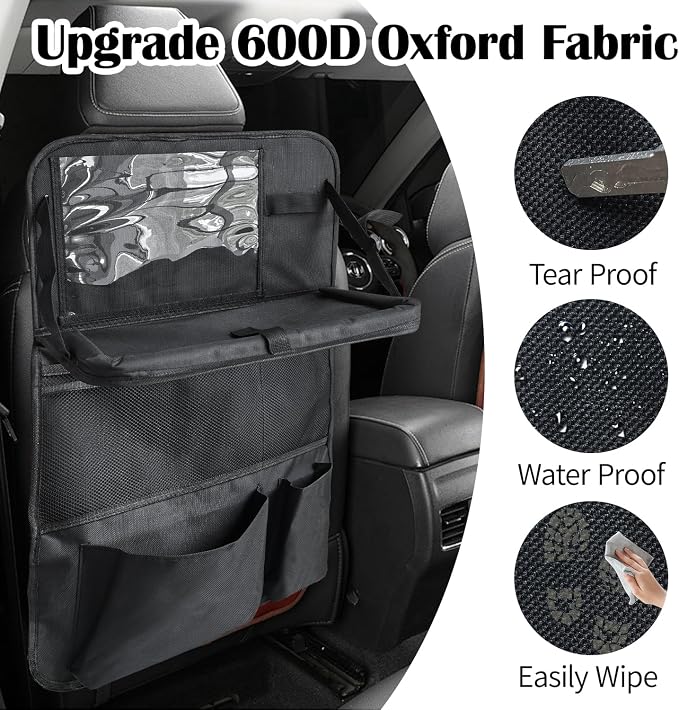 Car Backseat Organizer with Tablet Holder, 9 Storage Pockets with Foldable Food Tray, Kick Mats Back Seat Cover for Kids Road Trip Essentials Travel (1 Pack) - Image 3
