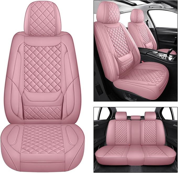 Leather Car Seat Covers Full Set Automotive Seat Protectors | Breathable Waterproof Durable Full Surround & Lumbar Support Design Non-Slip Universal Fit for Most Cars SUV Trucks Van Pink - Image 2