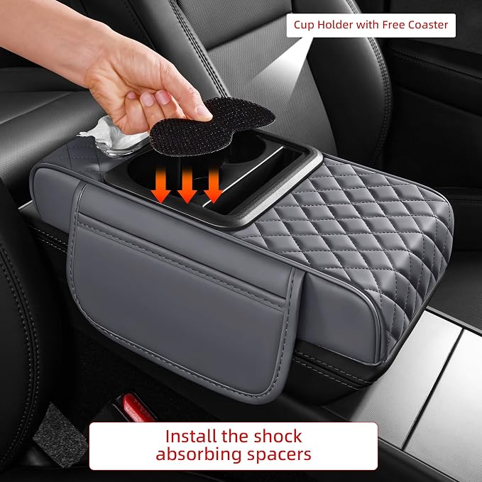 5 in 1 Nappa Leather Console Armrest Cover, Gray | Built-in cup holder, tissue slot, phone holder & 2 storage pockets, practical car accessories fit SUV sedan truck - Image 7