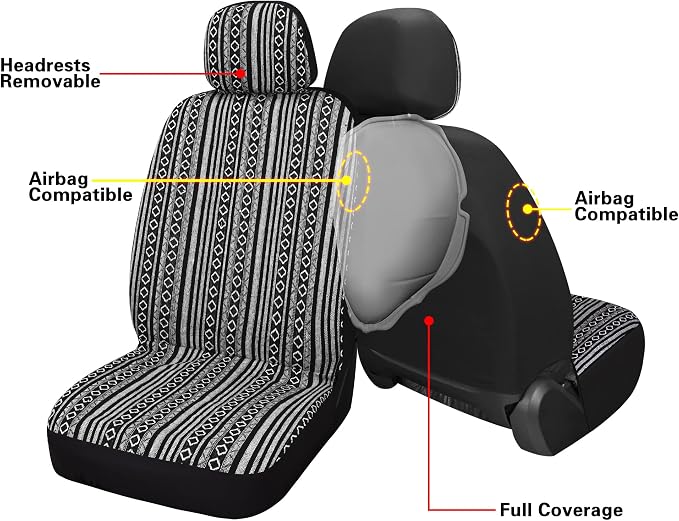 HAIYAOTIMES Baja Saddle Blanket Car Seat Covers Full Set with Seat Belt Pads, Washable Breathable Seat Covers for Cars, Universal Fit Interior Covers for Most Cars, Airbag Compatible, Black/White - Image 5
