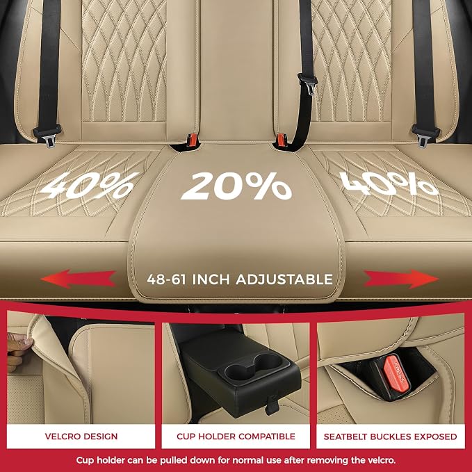 FREESOO Car Seat Covers Full Set Faux Leather Universal Fit Beige | faux nappa leather seat covers, waterproof breathable, full set lumbar support, front rear covers, fit sedans suvs pickups - Image 4