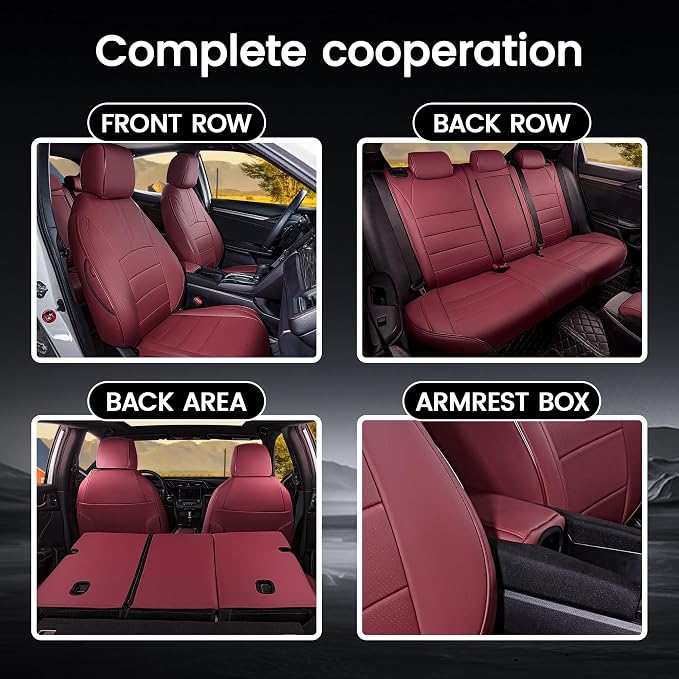HKZ Custom Fit Civic Seat Covers for Honda Civic Sedan 2016 2017 2018 2019 2020 2021 EX,EX-L,EX-T,Touring,LX-P,Sport - 5-Seats Leather Full Set,Wine Red - Image 8