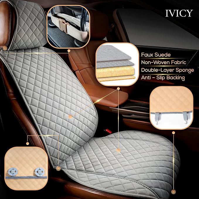 IVICY Faux Suede Front Car Seat Cover, Seat Protector, 1 Unit, Light Gray | Non-Slip Bucket Sear Cover for Most Cars, SUVs, Vans & Trucks – Machine Washable, Side-Airbag Friendly - Image 2