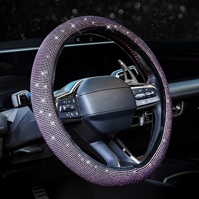 Steering Wheel Cover for Women Bling Bling Crystal Diamond Sparkling Car SUV Wheel Protector Universal Fit 15 Inch Black with Pink Diamond by Valleycomfy