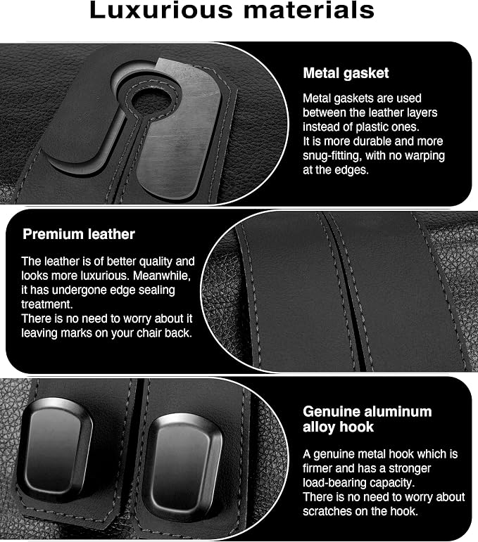 Car Hooks for Headrest, 4PCS Car Purse Hooks Luxurious Leather 100% Metal Car Hangers for Seat Multifunctional Car Bag Hook Car Seat Back Storage Hook Accessories (Black) - Image 2