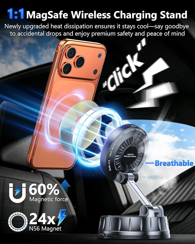 15W MagSafe Car Charger Mount, Magnetic Wireless Car Phone Holder with Dual Input Port, Vacuum Suction & Nano Adhesive Base, 360° Rotation Stable Car Charging Stand for iPhone 12-17, Samsung S26 - Image 3