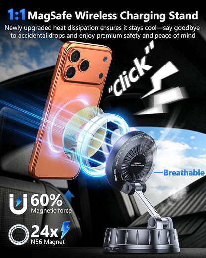15W MagSafe Car Charger Mount, Magnetic Wireless Car Phone Holder with Dual Input Port, Vacuum Suction & Nano Adhesive Base, 360° Rotation Stable Car Charging Stand for iPhone 12-17, Samsung S26 - Image 3