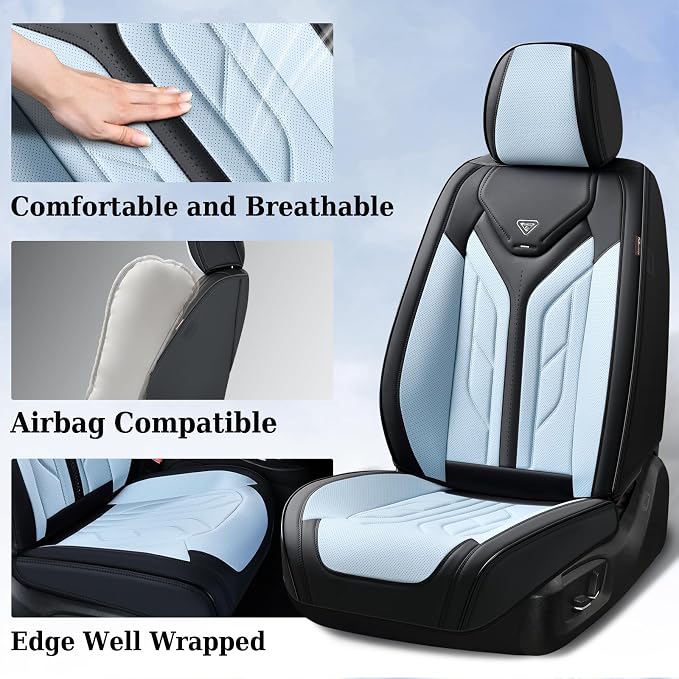 Coverado Car Seat Covers Full Set, Automotive Seat Covers Car Seat Protector Car Seat Cushion, Waterproof Leather Seat Covers for Cars, Universal Fit for Most Sedan SUV Pick-up Truck(Black&Light Blue) - Image 2