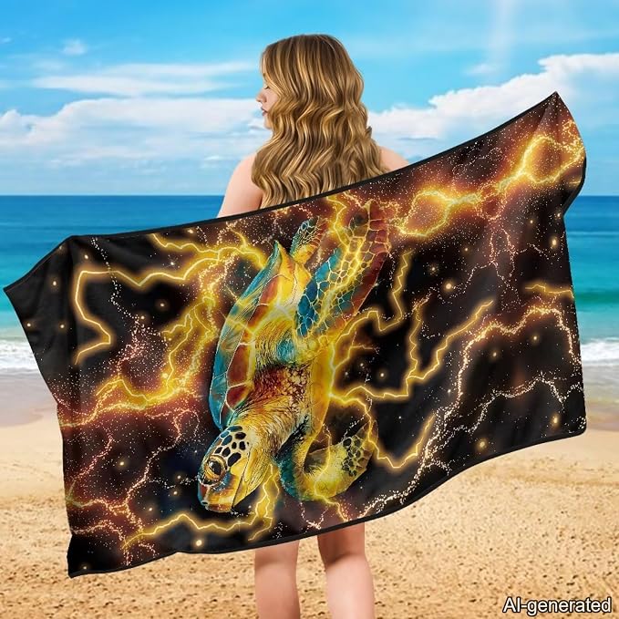 Car Seat Towel Cover After Gym Lightning Sea Turtle Print Car Seat Hoodie Towel with Storage Bag Quick-Dry Sweat Towels for Gym Workout, Running, Swimming, Beach and Hiking - Image 3