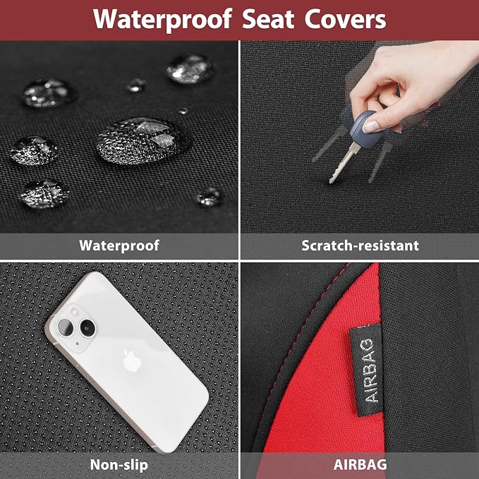 CAR PASS Neoprene Wetsuit Seat Covers, Waterproof Car Seat Covers Full Sets with 5mm Composite EVA, Universal Fit for Car,Sedan, SUV TrucksAnti Slip, Airbag Compatible(Black Red - Image 7