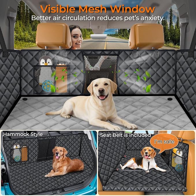 URPOWER Hard Bottom Dog Car Seat Cover, Back Seat Extender with Blanket | 400 lbs Support, 45% More Space, Waterproof, Mesh Window, Scratch Resistant, Non-Slip, Easy Care, Dog Seat Belt Included - Image 6